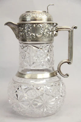 ANTIQUE W&G SISSONS STERLING CRYSTAL CLARET JUG EWER SHEFFIELD ENGLAND REPOUSSE - Image 1 of 4