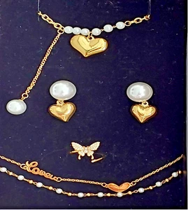 Gift Jewelry Set 4 PC Bracelet Ring Earring Necklace Heart Design with Pearls - Picture 1 of 15