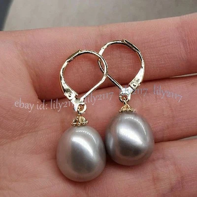 Pendientes colgantes AAA 9-10 mm gris natural genuino perlas del Mar del Sur oro amarillo de 14K Foto 1 de 4