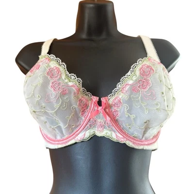 Sujetador Avenue Body 40B Con Aros Rosa Blanco Floral Bordado Encaje Semi Transparente Foto 1 de 4