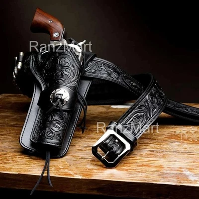 Western Leather Gun Holster Cowboy Style Revolver Vintage Action Holsters Black - Image 1 of 3