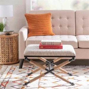 Linon Anna Campaign Accent Stool Metal Legs with Rope Detail in Cream Stripe - Picture 1 of 16