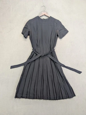 Vintage 60s Classic Black Belted Dress w/ Pleated Skirt Sheer Size 6 - Image 1 of 4