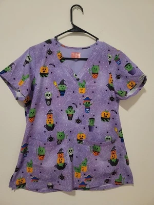 Zavate Ava Therese Creepy Cactus and Spiders Women 2-Pocket Stretch Scrub Top M - Image 1 of 4