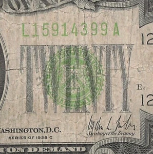 1928 C San Francisco Twenty Dollar Bill L15914399A RARE Series LIME GREEN - Picture 1 of 11