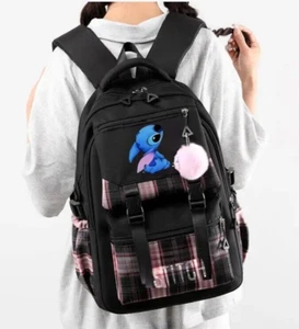 Disney Lilo & Stitch Pink Plaid Backpack Large Stitch Ergonomic 18" School Bag - Picture 1 of 16