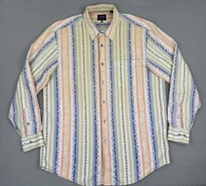 Indigo Palms Shirt Mens L Button Up Hawaiian Long Sleeve Button Floral Striped - Picture 1 of 17