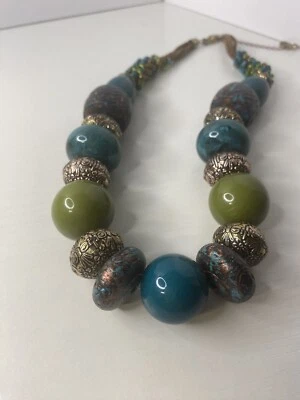 Signed Erica Lyons Statement Necklace With Green Gold And Turquoise Colors Foto 1 de 4