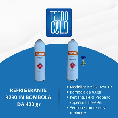 BOMBOLA GAS REFRIGERANTE R290 DA 400 GR PER FRIGORIFERO FREEZER E CONGELATORE - Immagine 1 di 4