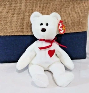 RETIRADO Ty Beanie Baby Blanco VALENTINO Oso 12 ERRORES COMO NUEVO MARRÓN NARIZ RARO - Imagen 1 de 6