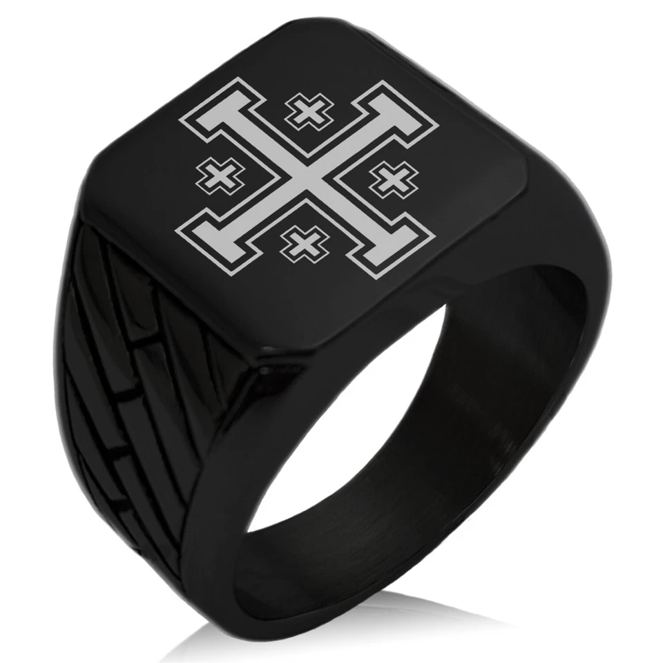 Stainless Steel Jerusalem Cross Symbol Large Square Biker Style Signet Ring - Image 1 of 1