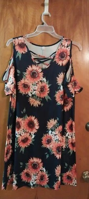 BLUETIME PULLOVER SUNFLOWER PLUS SIZE COLD SHOULDER SUNDRESS NAVY ORANGE WHITE - Image 1 of 4