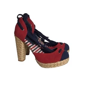 Envy Women Platform Espadrilles Sz. 8 Red Nautical Pin up Resortwear Yacht Party - Picture 1 of 10