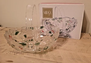 Cesta de cristal para servir Navidad Mikasa acebo verde rojo mango ovalado 8" - Imagen 1 de 4