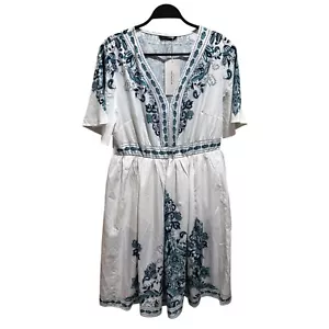 BloomChic Womens Size 10 White & Blue Bohemian Style Lined Dress Pockets NWT - Picture 1 of 11