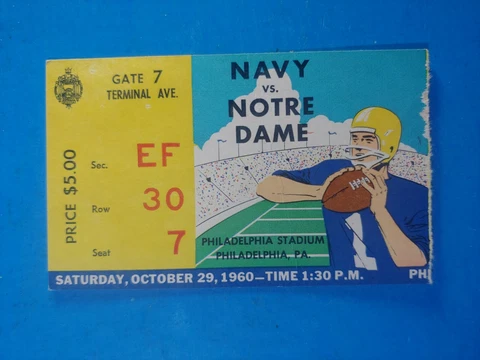 1960 NOTRE DAME NCAA FOOTBALL VS NAVY MIDSHIP TICKET STUB crease Cover