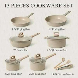 Juego de ollas y sartenes antiadherentes de zanahoria, juegos de utensilios de cocina de inducción de 13 piezas (taupe) - Imagen 1 de 7