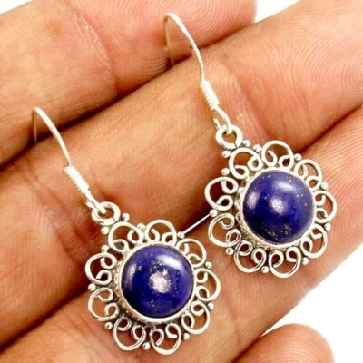 Orecchini Pendenti Fatti A Mano In Lapis Lazuli Rotondi In Argento Sterling 925 - Immagine 1 di 4