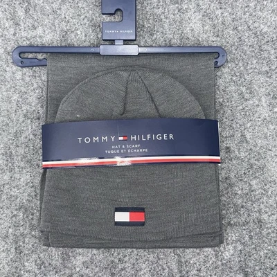 TOMMY HILFIGER 男式围巾豆豆帽套装提花灰色 72 英寸 x 10 英寸全新带标签 — 第 1/3 张图片