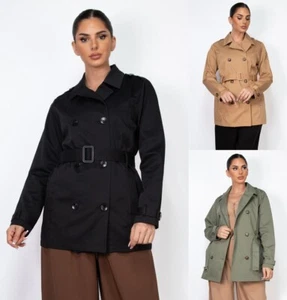Women's Double Breasted Notch Belted Coat Long Sleeves Thigh Length Jacket - Picture 1 of 19