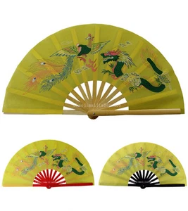 Chinese Kung Fu Tai Chi martial art Shaolin Dragon & Phoenix bamboo Fan Yellow - Picture 1 of 1