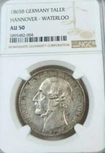1865 GERMANY SILVER TALER HANNOVER WATERLOO NGC AU 50 VERY SCARCE HIGH GRADE - Picture 1 of 5