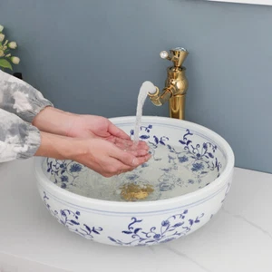 16" rundes Badezimmer Gefäß Waschbecken weiß mit blauer Blume Keramikbecken Schale + Wasserhahn - Bild 1 von 10
