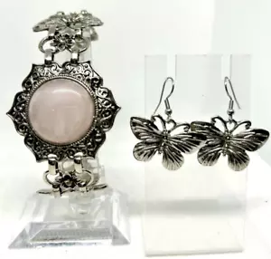 Vintage Butterfly Rose Quartz & White Crystals Bracelet Earrings Set Silver Tone - Picture 1 of 15