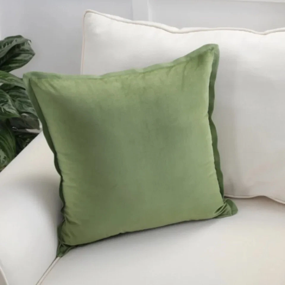 Loden Green Velvet Throw Pillow with Cotton Flange Square 18x18in Feather Insert - Image 1 of 4