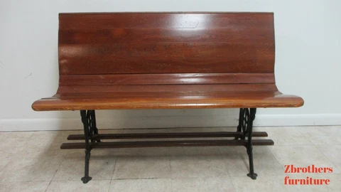 Antique Bench Settee Victorian Cast Iron Oak Church Pew Railroad Gothic  48" D Cover