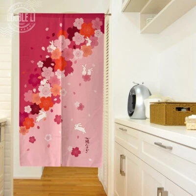JAPANESE Noren Pink Cherry Blossom Rabbit Room Decor Tapestry Door Curtain Panel - Image 1 of 4
