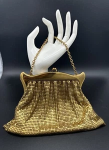 Vintage Whiting and Davis Co Mesh Bag Gold With Orange Lining + Mirror - Bild 1 von 10