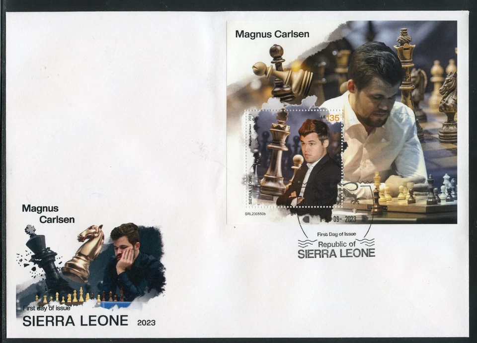SIERRA LEONE 2023 MAGNUS CARLSEN CHESSMASTER SOUVENIR SHEET FIRST DAY COVER - Image 1 of 1