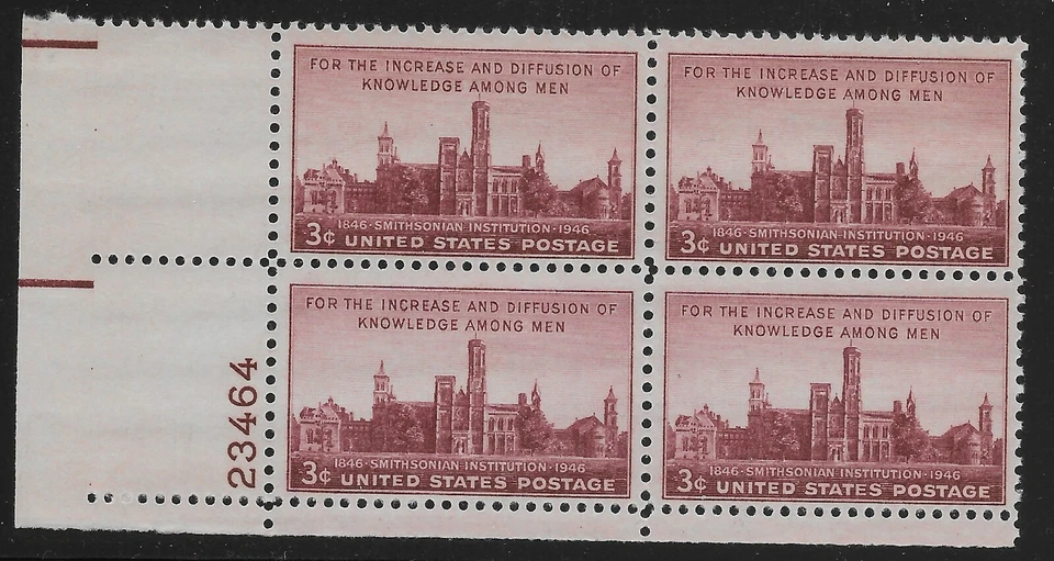 US Scott #943, Plate Block #23464 1946 Smithsonian 3c FVF MNH Lower Left - Image 1 of 1