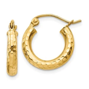 Real 14kt Yellow Gold Diamond-cut 3mm Round Hoop Earrings - Picture 1 of 5
