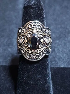 Vintage-Inspired Silver & Gold Toned Scrollwork Ring Size 6 Black Onyx and Cz - Picture 1 of 11