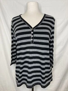Ann Klein Henley Blouse Top Women's Medium Gray Black Striped - Picture 1 of 6