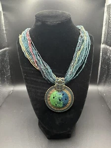 Vintage Inlaid Green Blue Glass Pendant Beaded Necklace - Picture 1 of 9