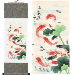 Chinese Koi Fish on Painting Scroll Asian Style Fengshui Home Decoration - Picture 1 of 6