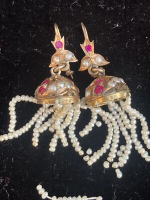Antique Victorian Earrings 14k Gold & Ruby & Seed Pearls Earrings Needs Repair - Image 1 of 4