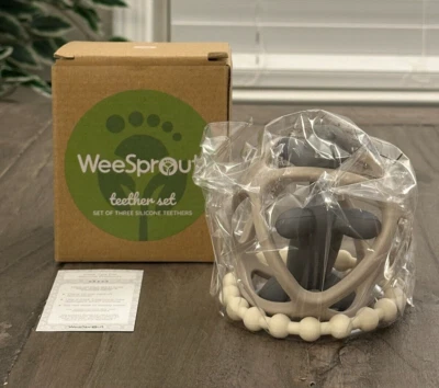 WeeSprout Handheld Teether Matte Dark Grey Tan & Off White Set of 3 - Image 1 of 4