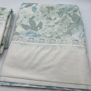 Vintage Springmaid Wondercale FULL Sheet Set 3 Pc Blue Floral Lace Trim - Picture 1 of 5