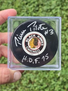Pierre Pilote Autograph Chicago Blackhawks NHL Hockey Logo Puck HOF 75 Inscribed - Picture 1 of 5