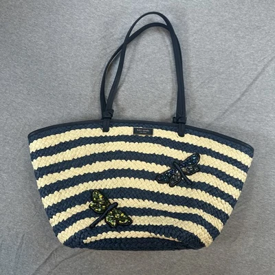 Kate Spade Shore Thing Dragonfly Embellished Striped Straw Large Tote FLAWS Bag - Image 1 of 4