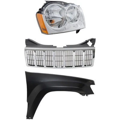 Grille Kit For 2005-2007 Jeep Grand Cherokee with Right Side Fender & Headlight - Image 1 of 4
