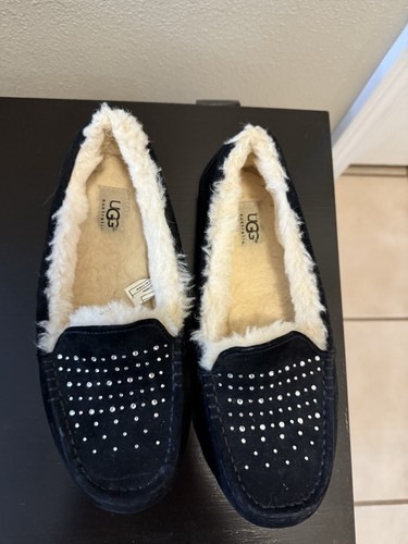 Ugg mocassino nero scamosciato pantofole Bling con pelle di pecora taglia 8