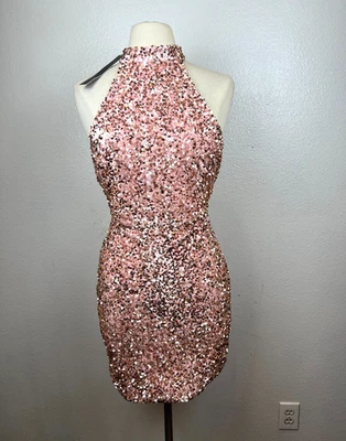 NEW Love & Lemonade Halter Mini Dress Sequin Pink Gold Cocktail Party Size Large - Image 1 of 4