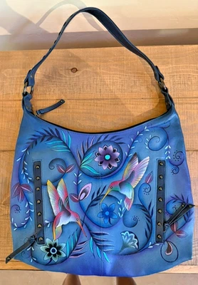 全新 ANUSCHKA FLYING JEWELS BLU 手工上色皮革装饰包 带硬币钱包 — 第 1/4 张图片