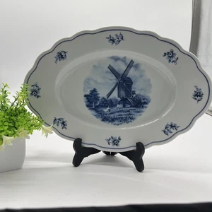Ter Steeg Delft Blue Oval Platter Handcrafted Holland Windmill 1983 Floral 13” - Picture 1 of 8