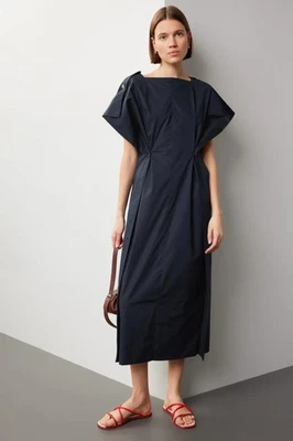 Plan C Back Button Navy Blue Midi Dress Short Sleeve Size 2 or XS $1290 Retail - Image 1 of 4